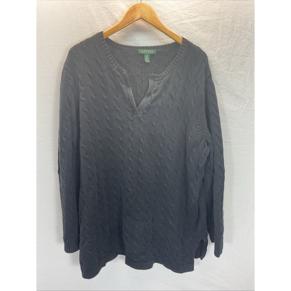 Lauren‎ Ralph Lauren Sweater Women 3X V Neck Cable Knit BLACK Long Sleeve